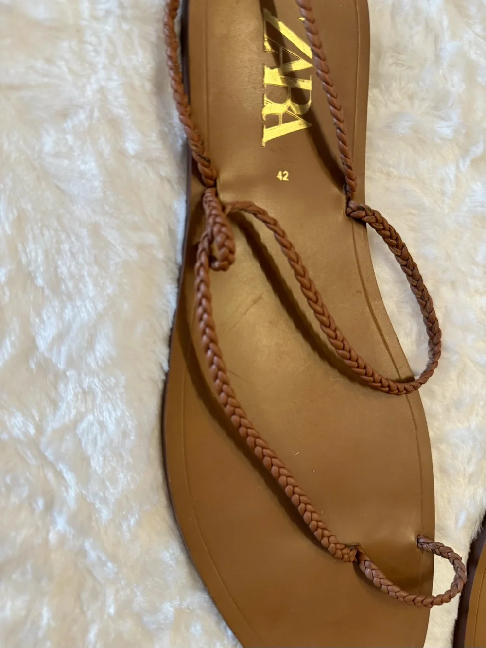 Zara Women's Braided Leather Flat Sandals - In Cognac- Size 42 or 11 - Picture 9 of 11
